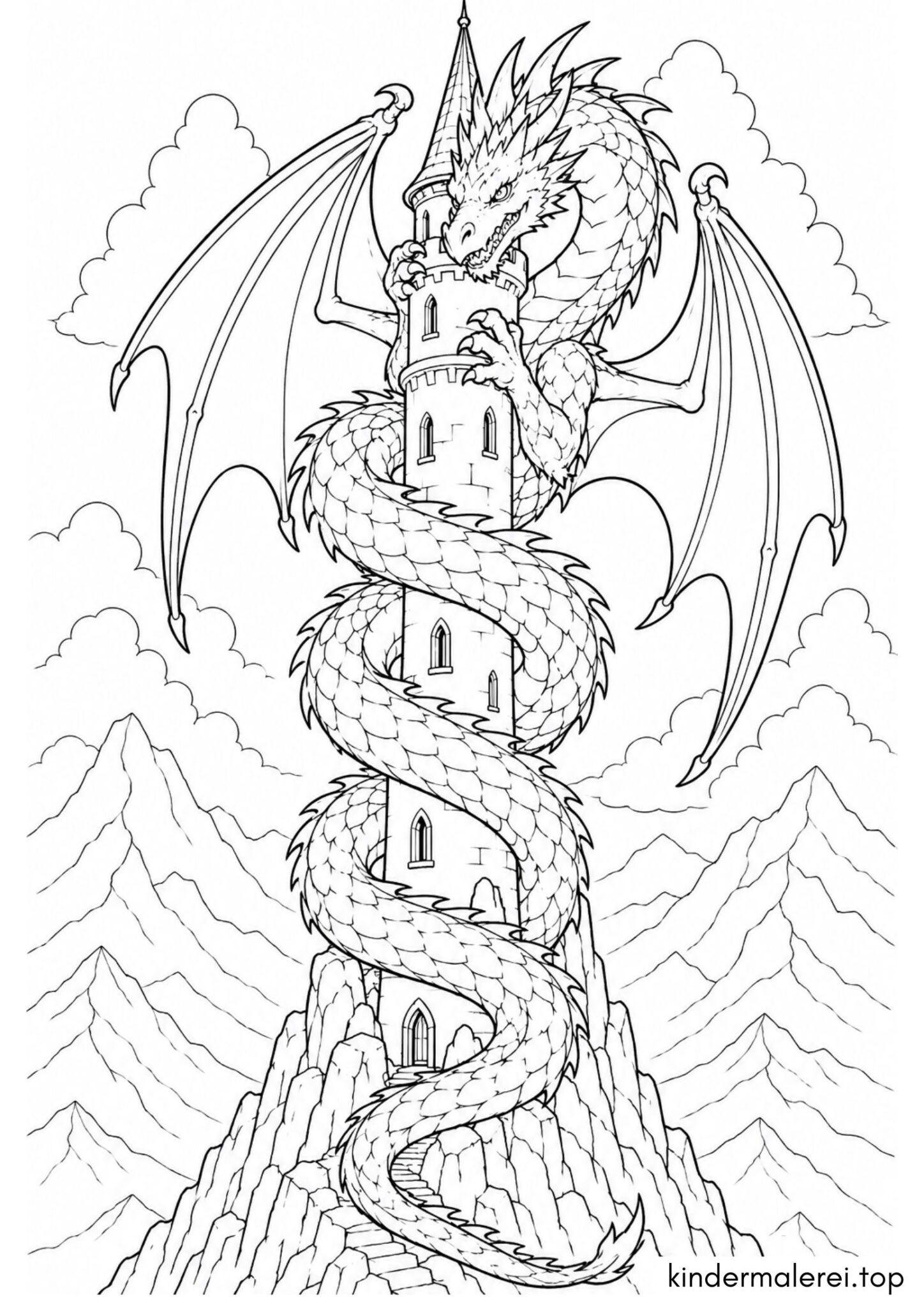 Ausmalbild zum Ausdrucken Drache auf dem Turm