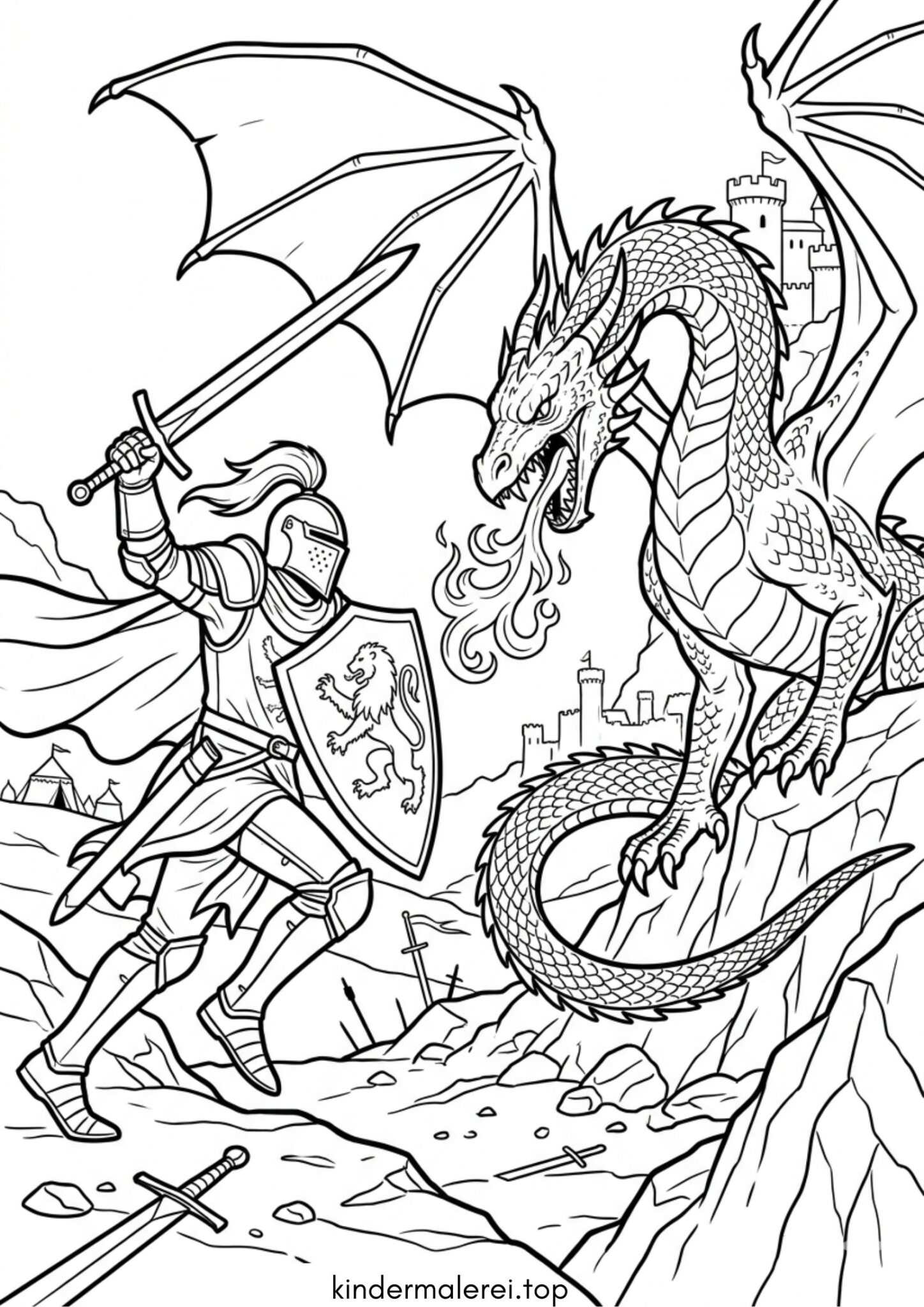 Ausmalbild zum Ausdrucken Drache und Ritter