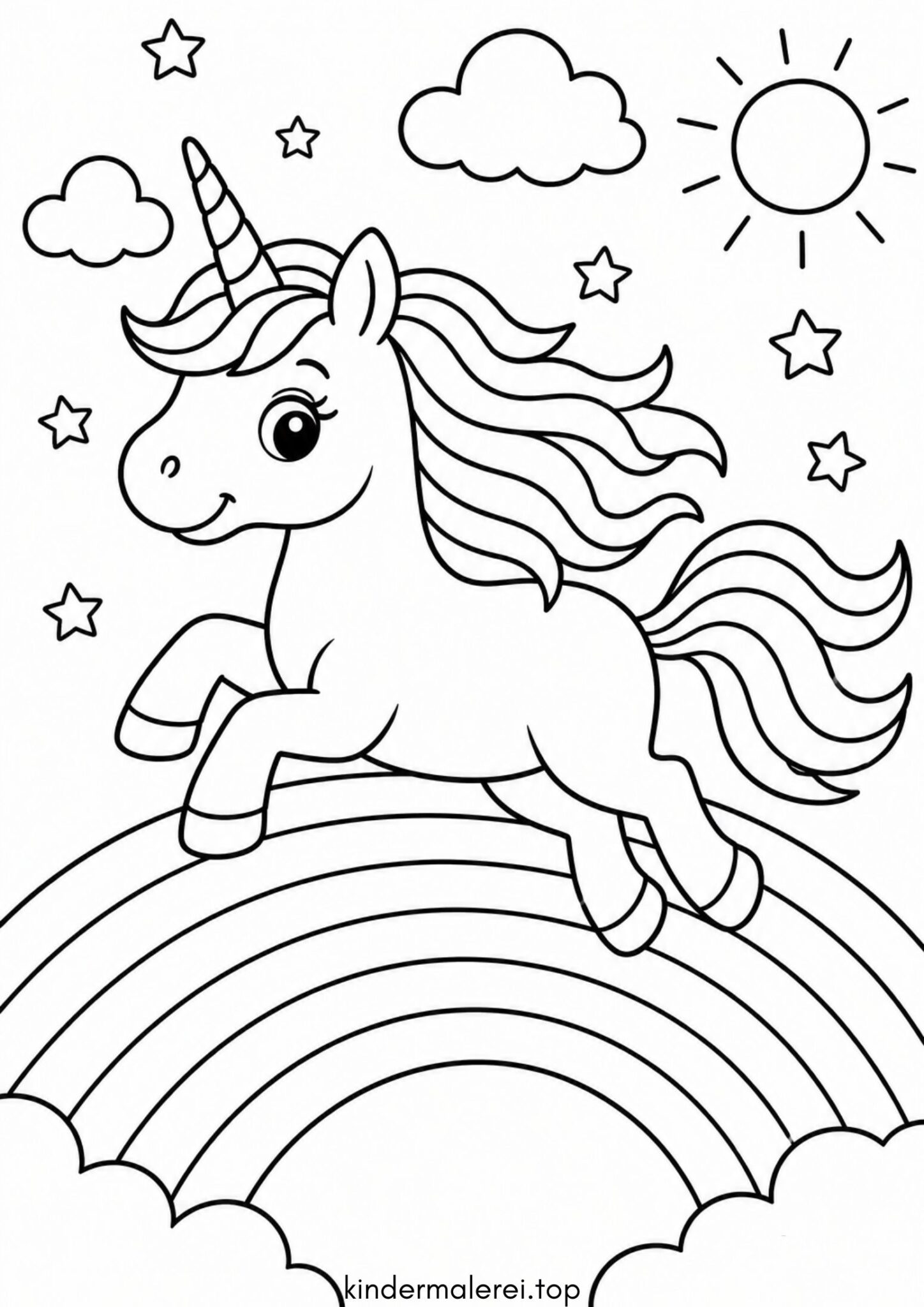 Ausmalbild zum Ausdrucken Einhorn auf dem Regenbogen