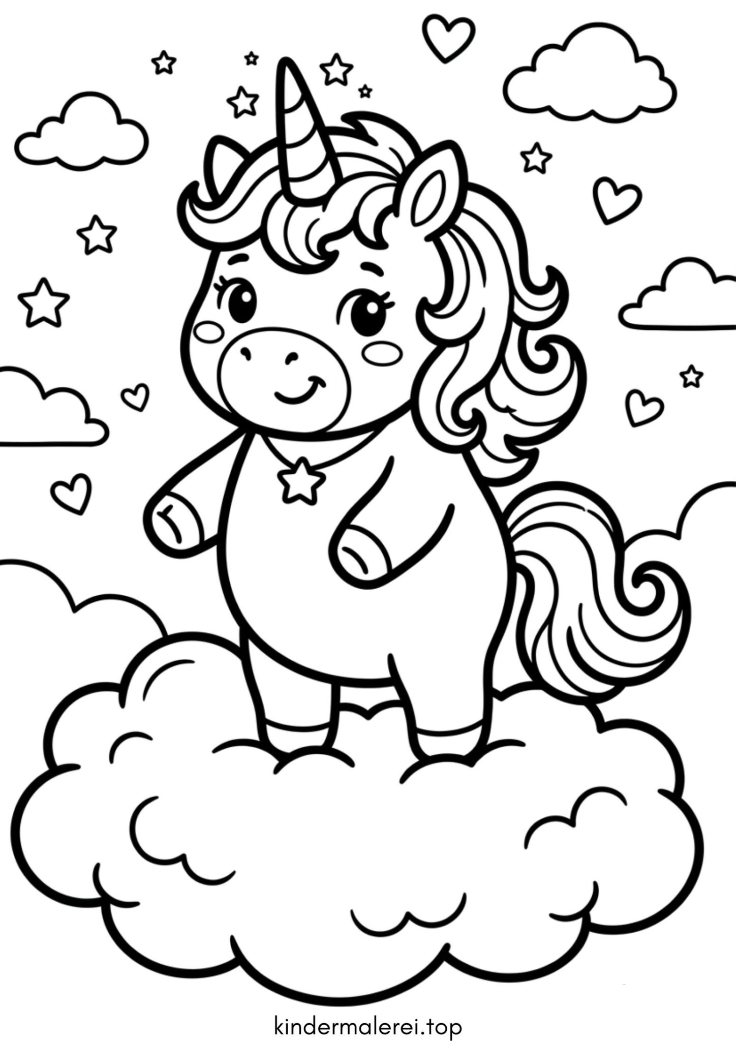 Ausmalbild zum Ausdrucken Einhorn auf einer Wolke