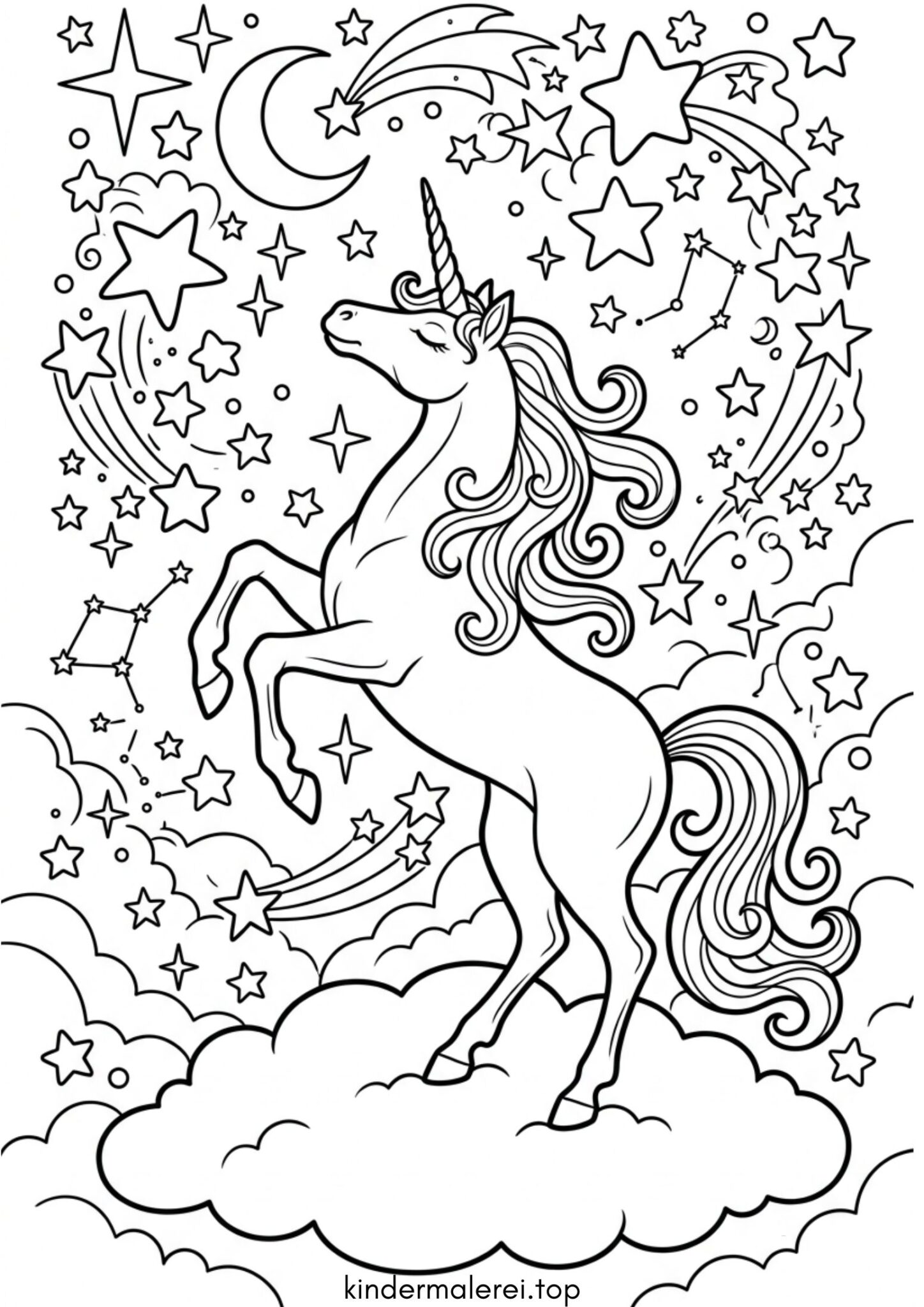 Ausmalbild zum Ausdrucken Einhorn mit Sternen