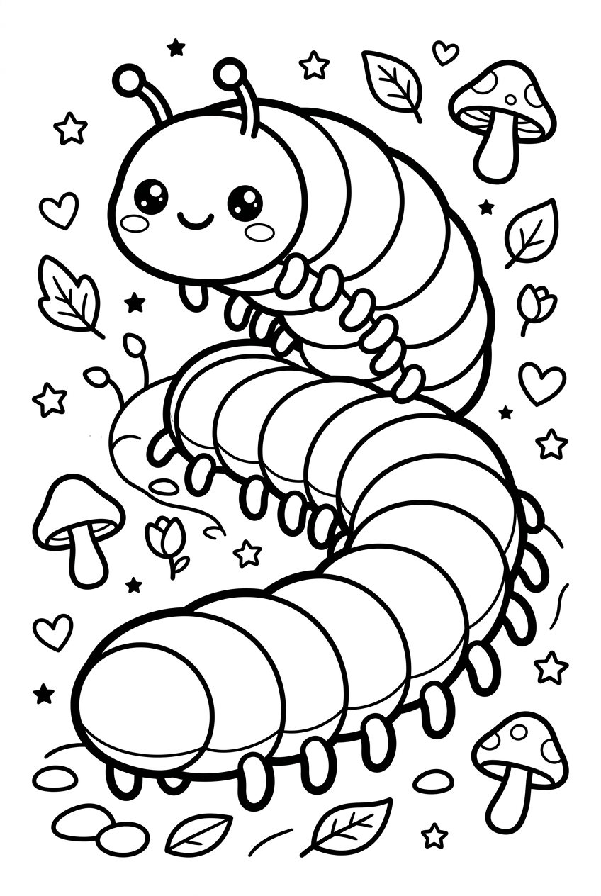 Ausmalbild zum Ausdrucken Kawaii-Tausendfüßler