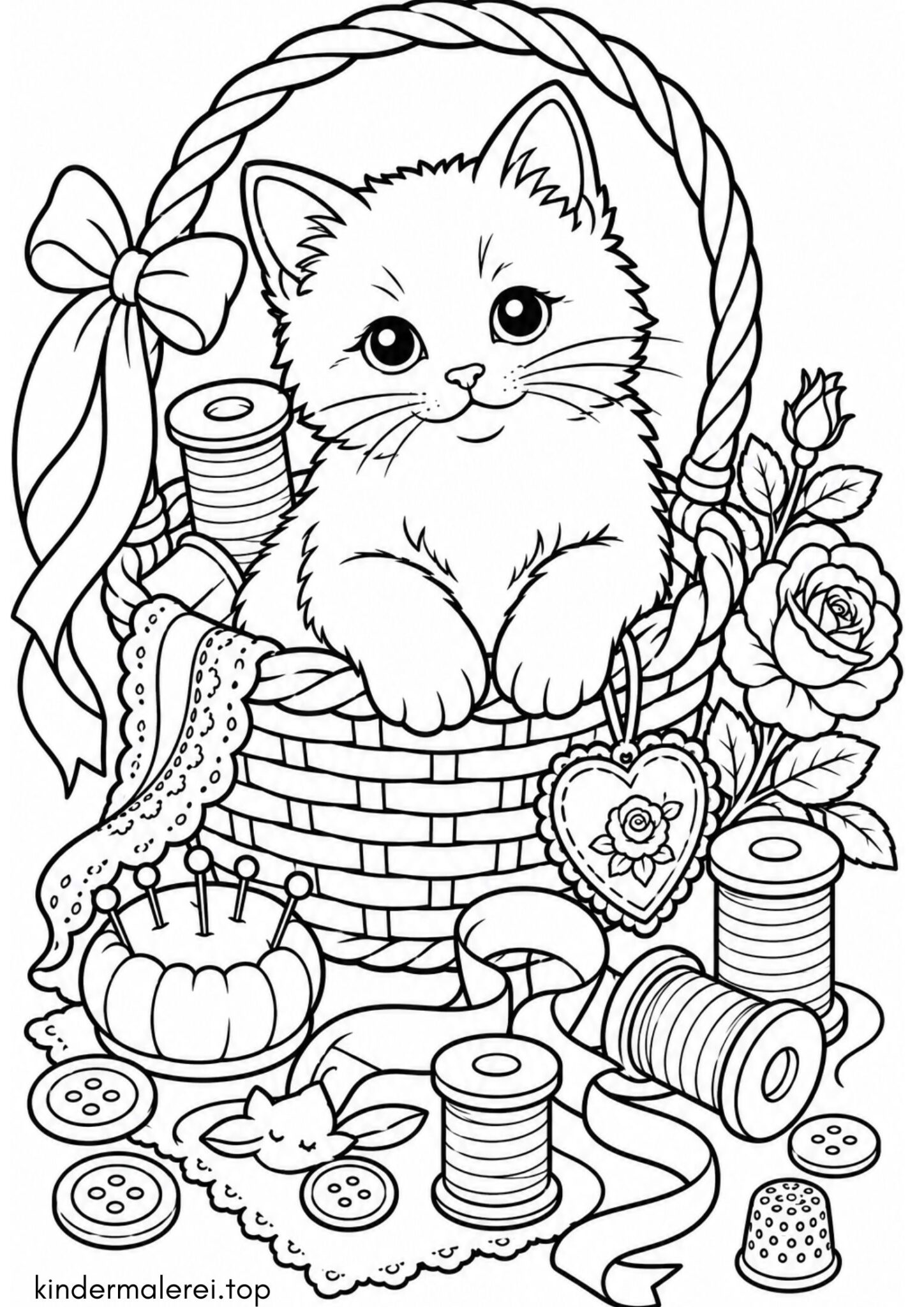 Ausmalbild zum Ausdrucken Katze im Körbchen