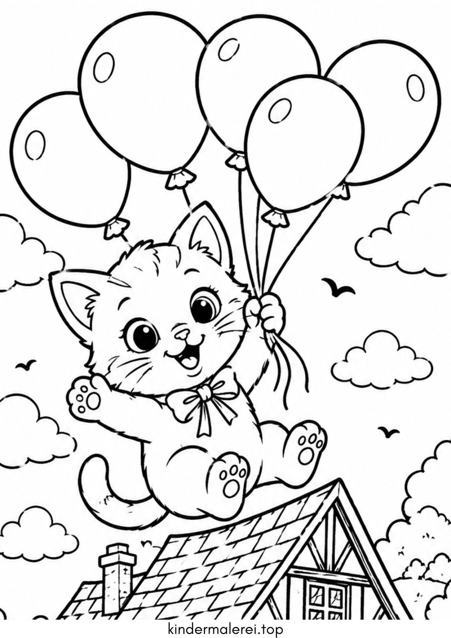 Ausmalbild zum Ausdrucken Katze mit Luftballons