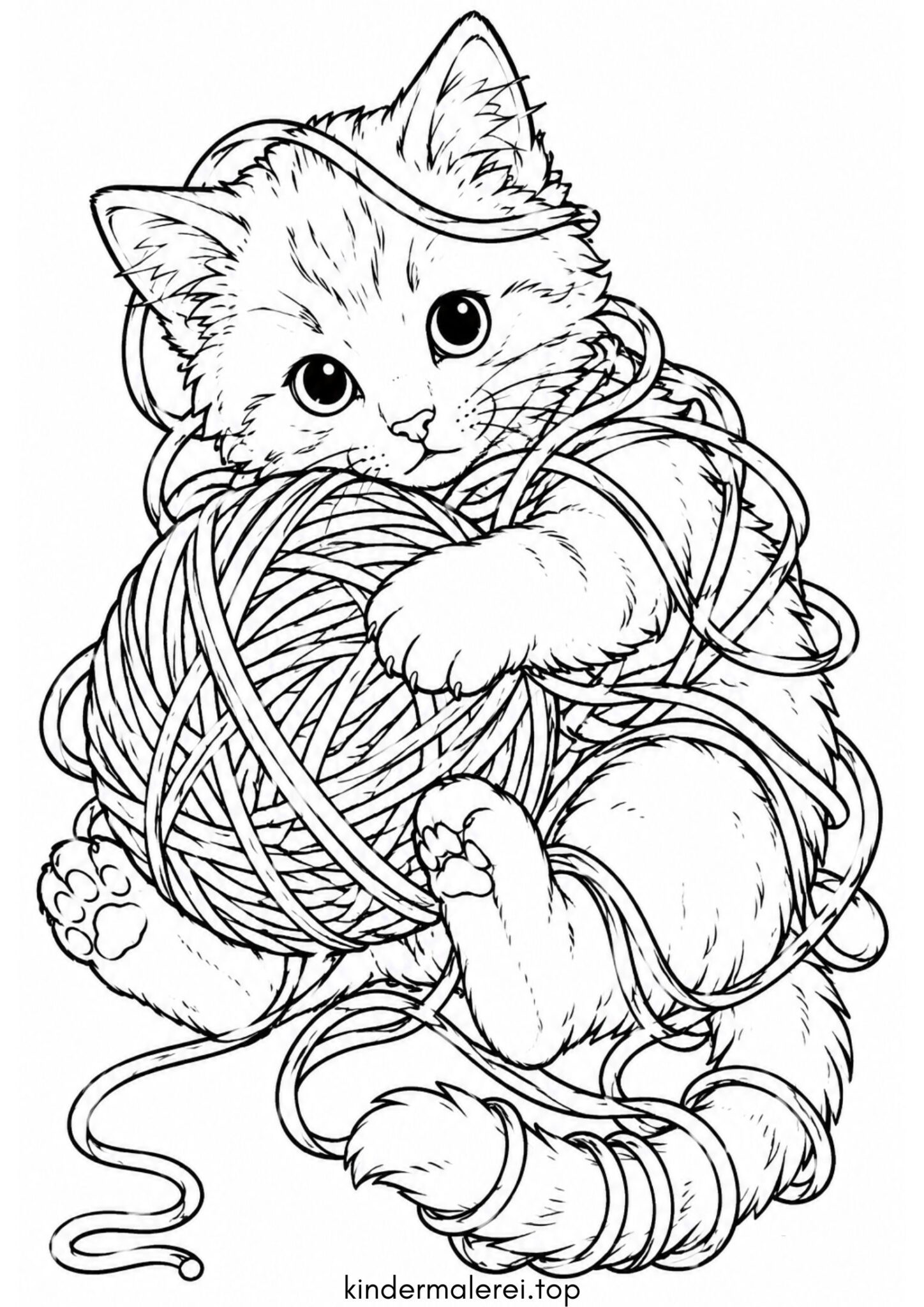 Ausmalbild zum Ausdrucken Katze mit Wollknäuel