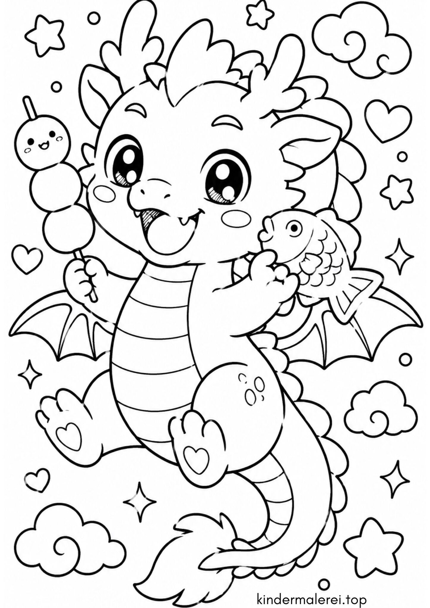 Ausmalbild zum Ausdrucken Kawaii-Drache