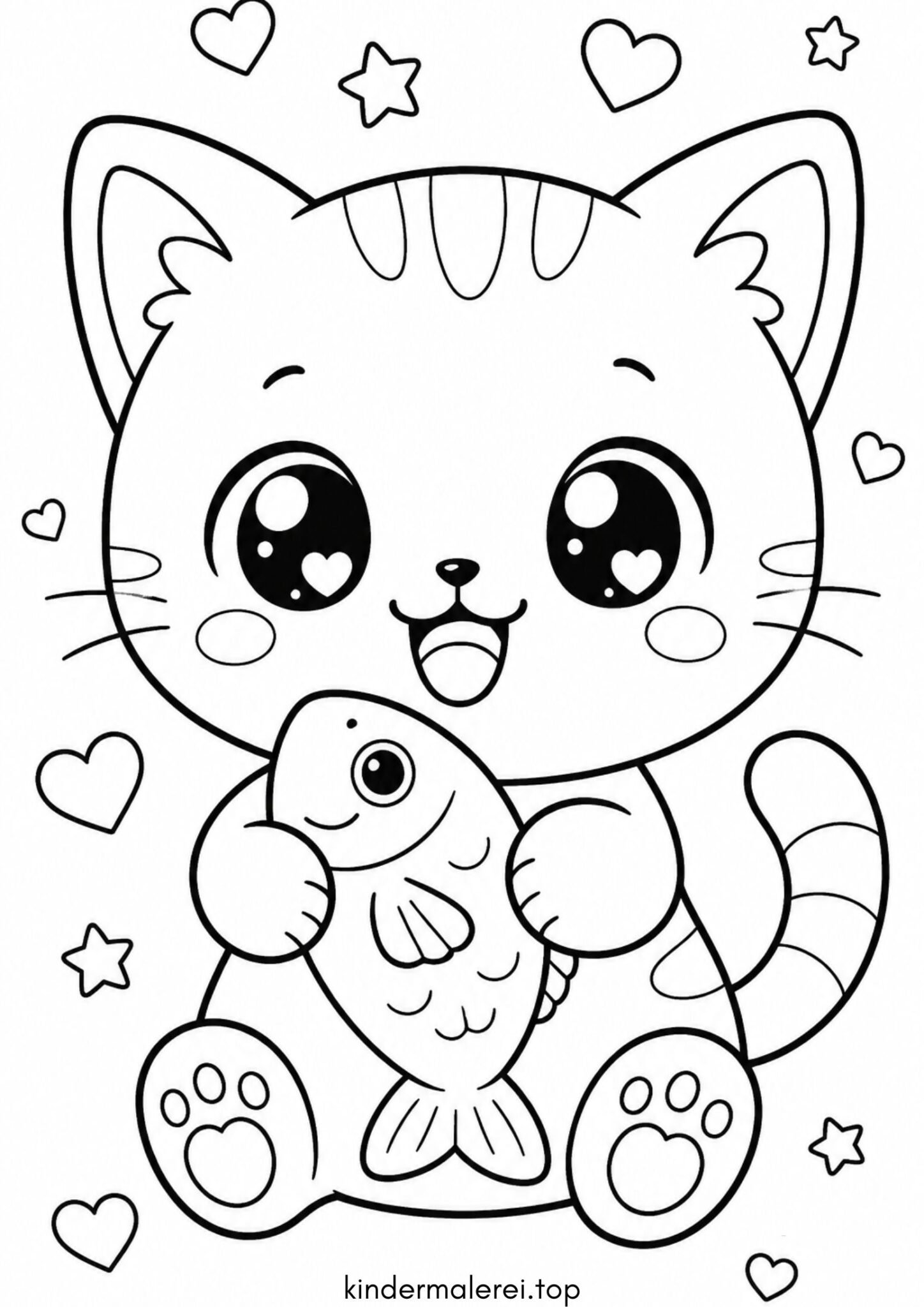Ausmalbild zum Ausdrucken Kawaii-Katzen mit Fisch