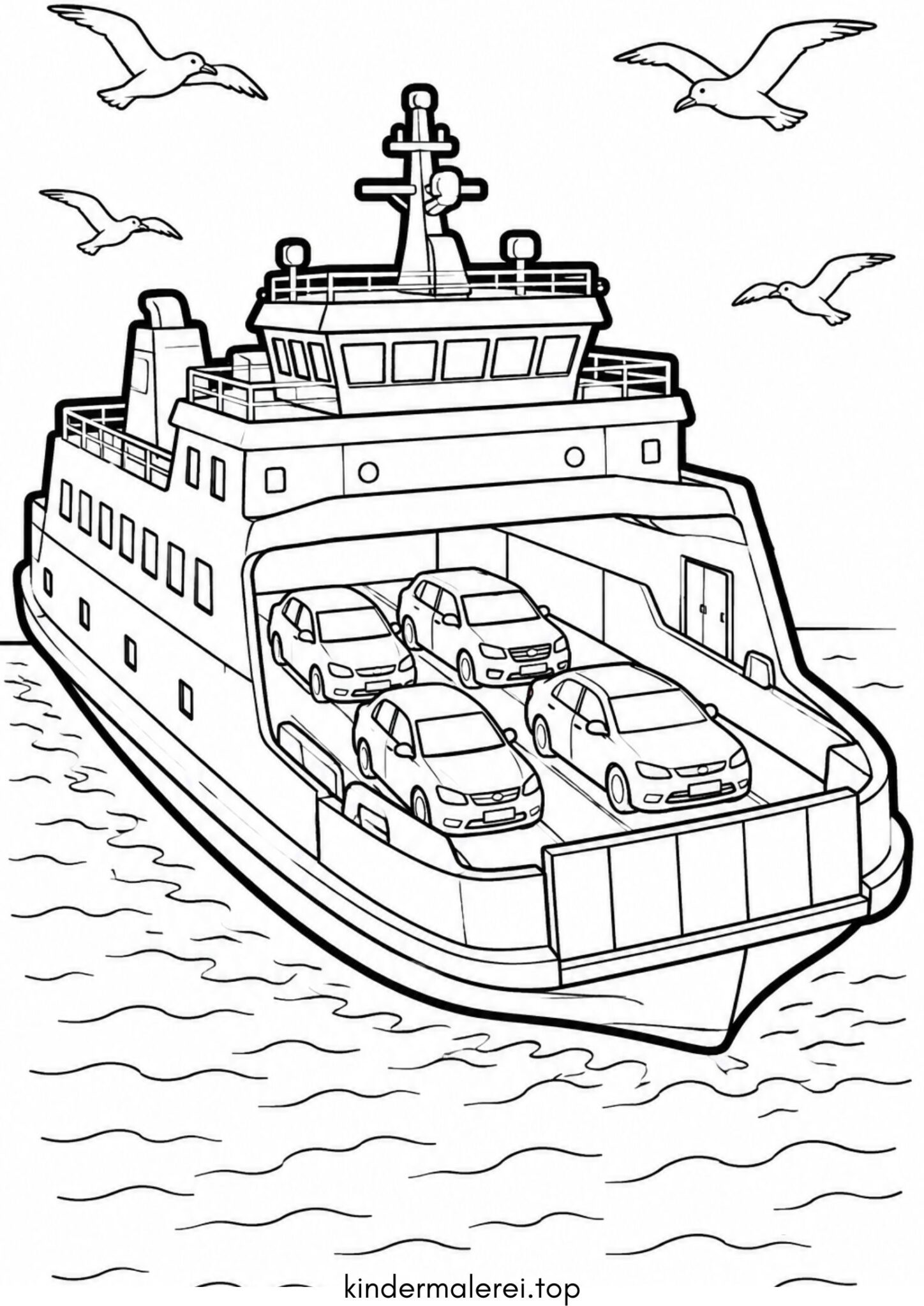 Ausmalbild zum Ausdrucken Autofähre (Fähre transportiert Autos)