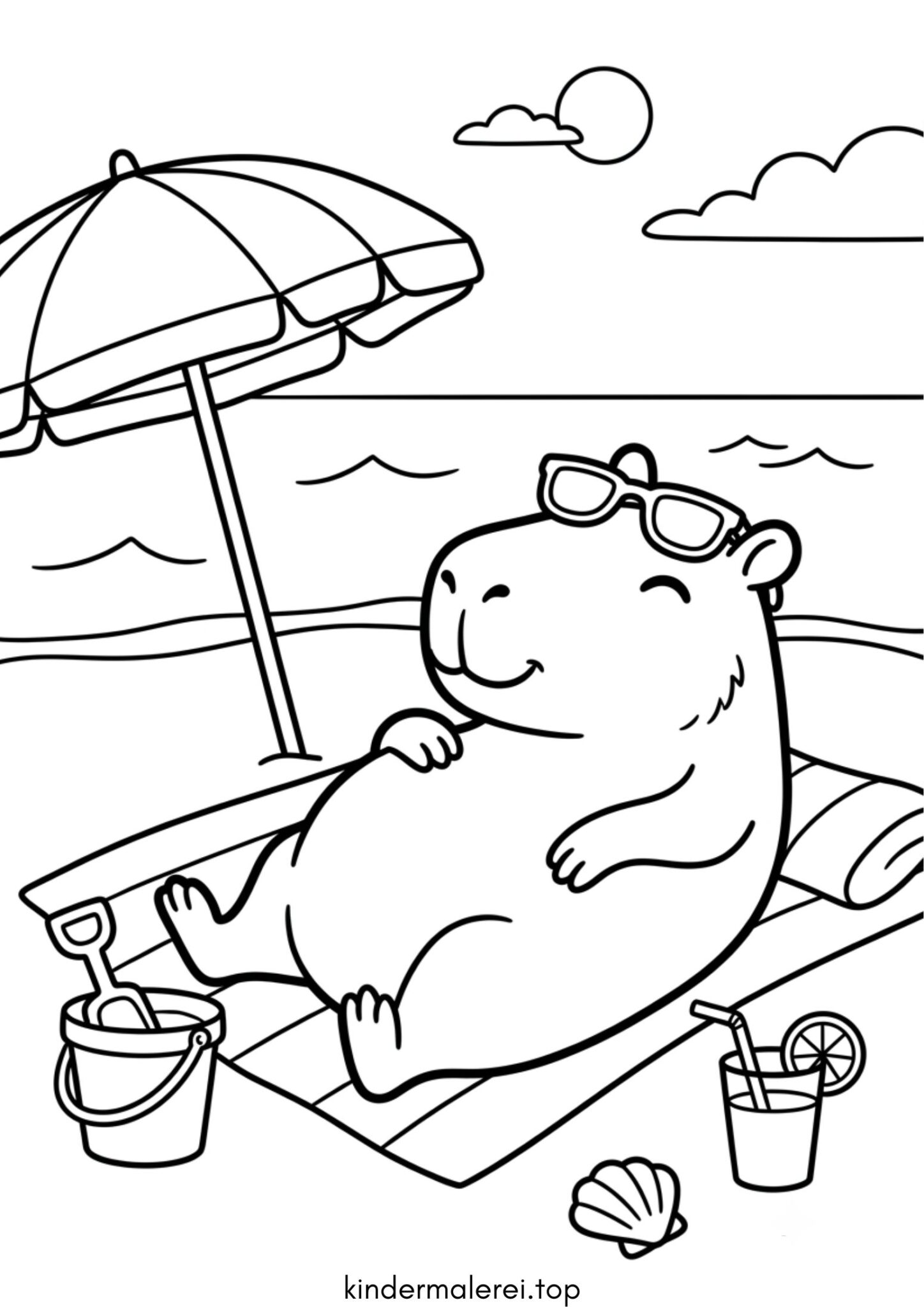 Ausmalbild zum Ausdrucken Capybara chillt am Strand
