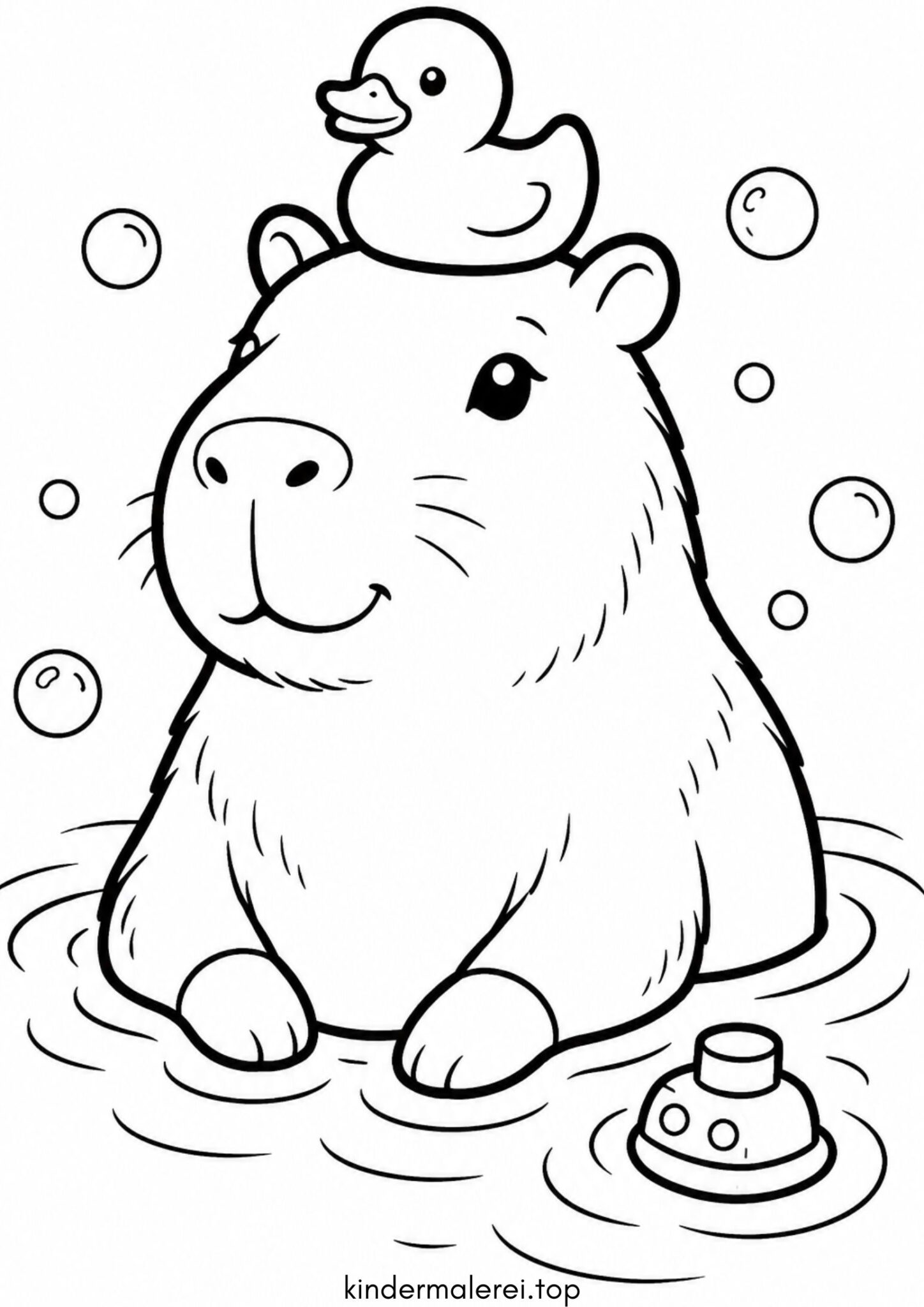 Ausmalbild zum Ausdrucken Capybara mit Quietscheente auf dem Kopf