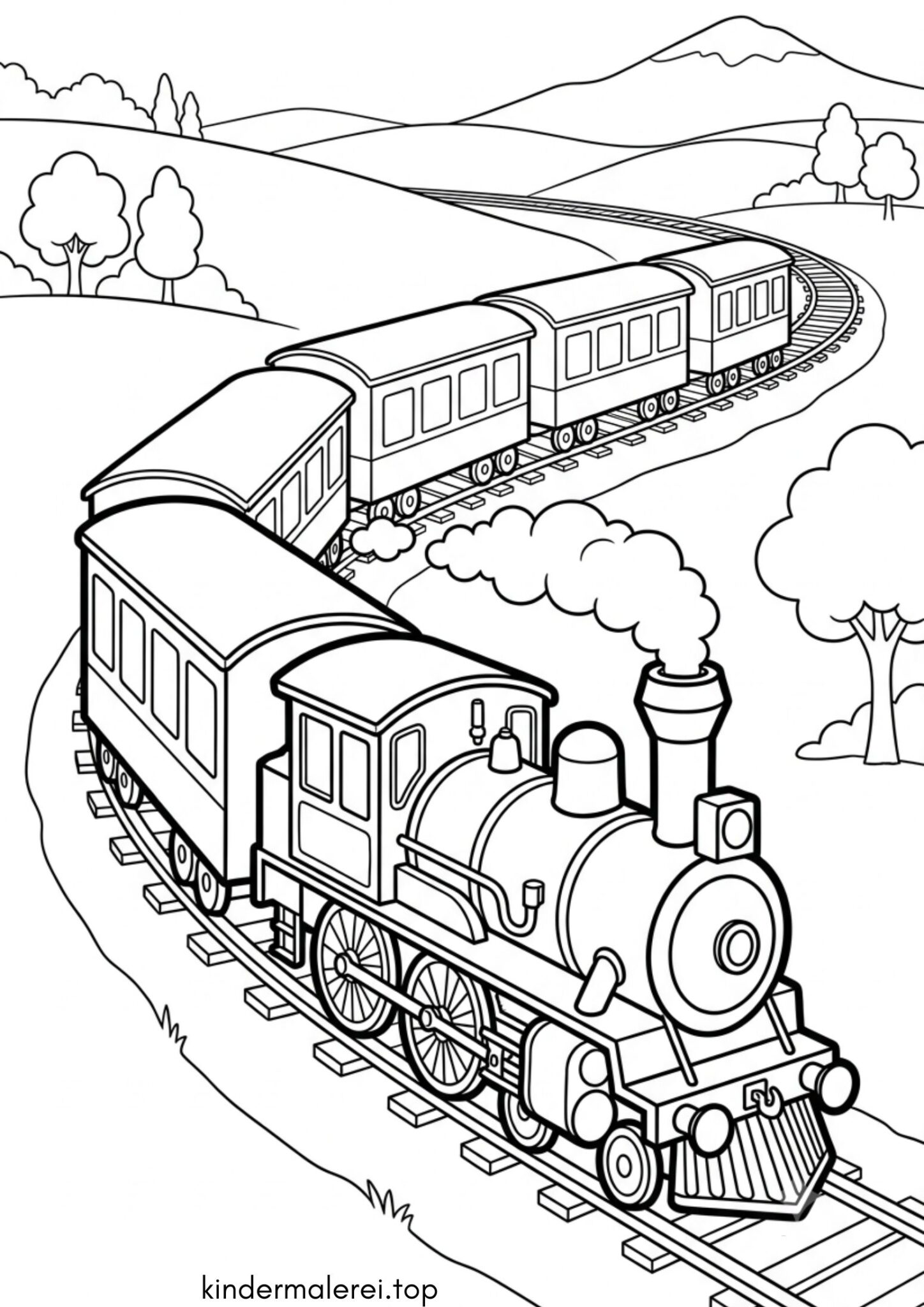 Ausmalbild zum Ausdrucken Dampflok mit Waggons