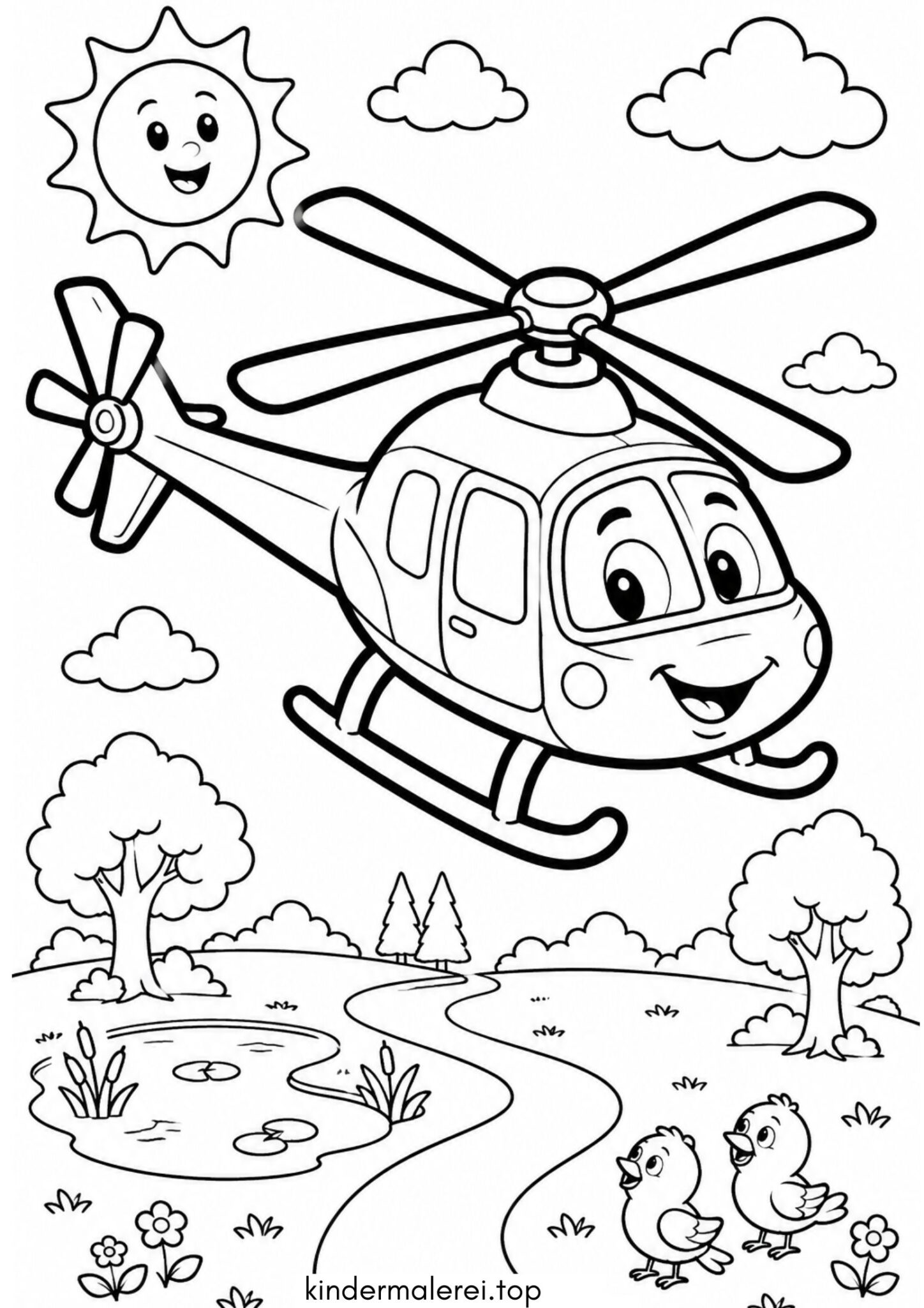 Ausmalbild zum Ausdrucken Helikopter mit Gesicht