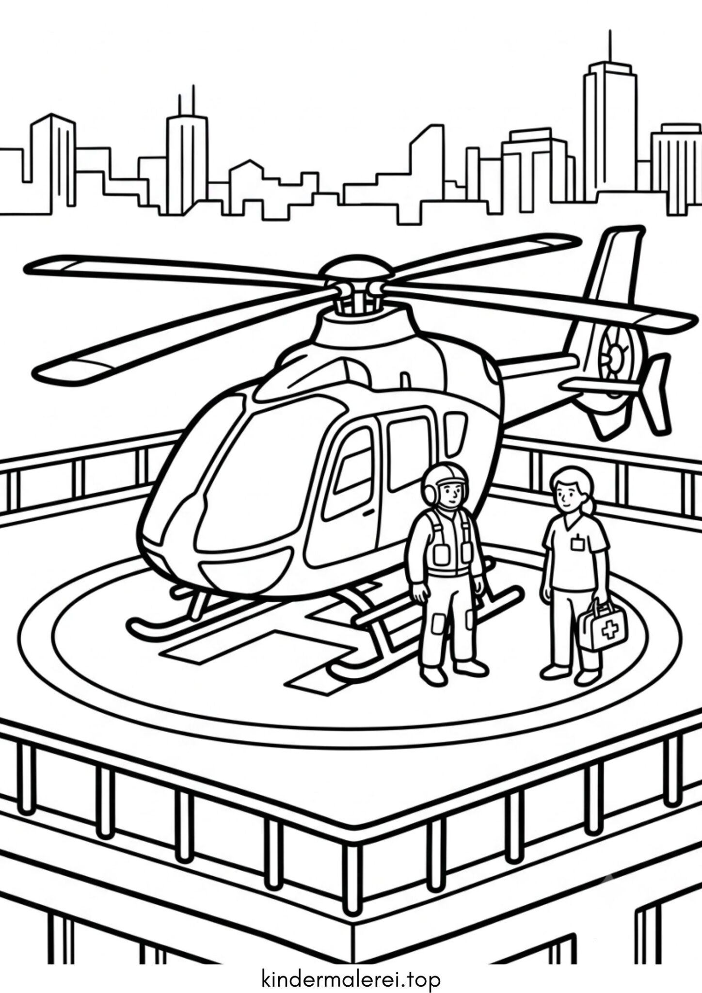 Ausmalbild zum Ausdrucken Hubschrauber auf dem Landeplatz (Helipad)