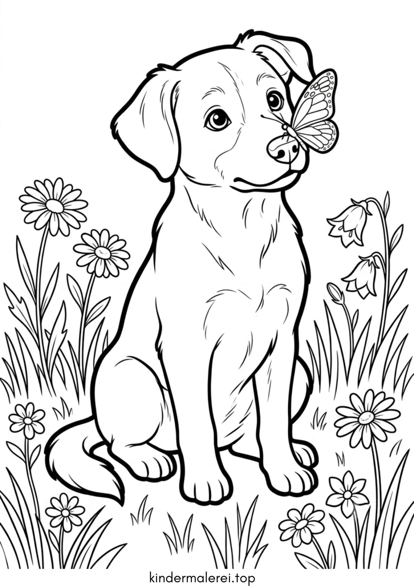 Ausmalbild zum Ausdrucken Hund mit Schmetterling auf der Nase