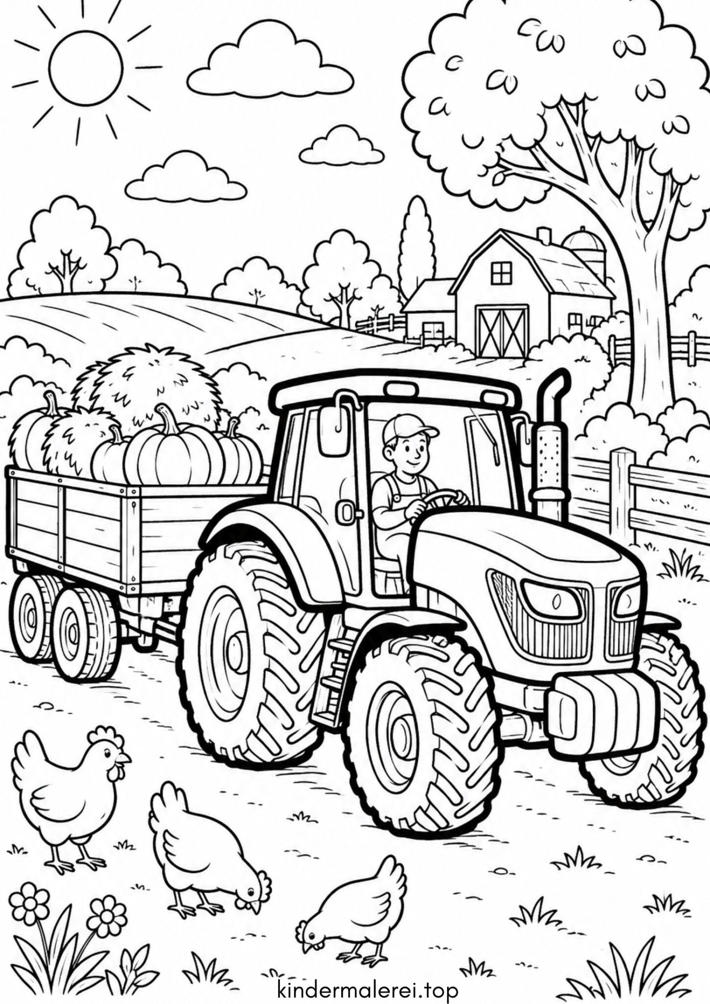 Ausmalbild zum Ausdrucken Traktor mit Anhänger