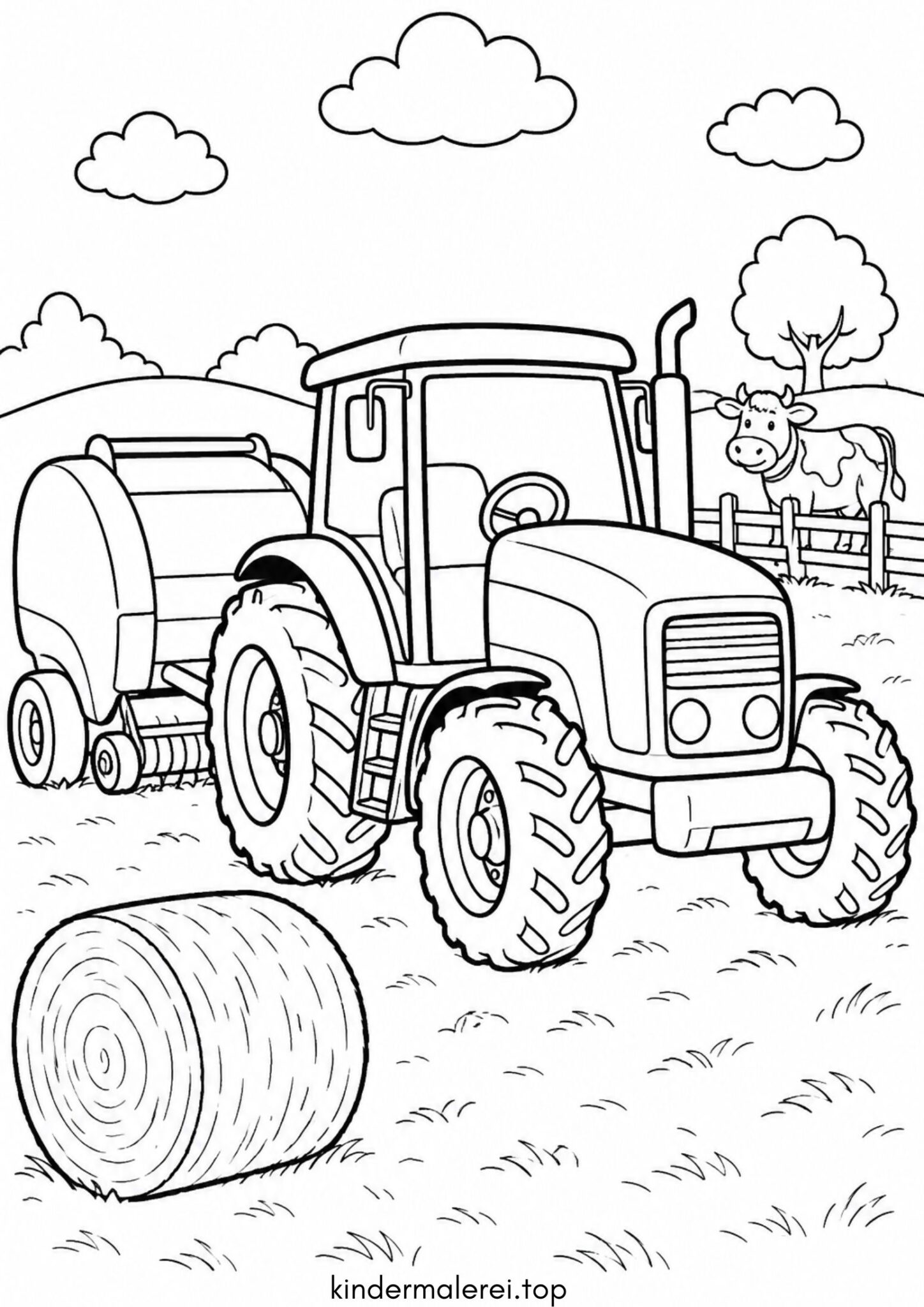 Ausmalbild zum Ausdrucken Traktor mit Ballenpresse