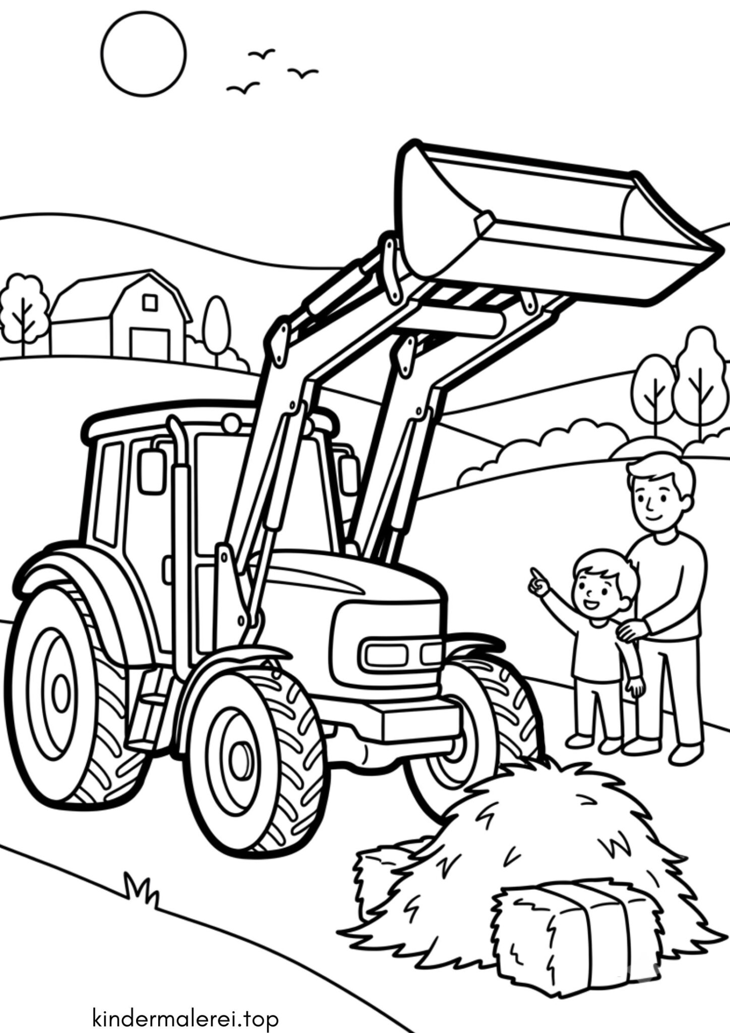 Ausmalbild zum Ausdrucken Traktor mit Frontlader
