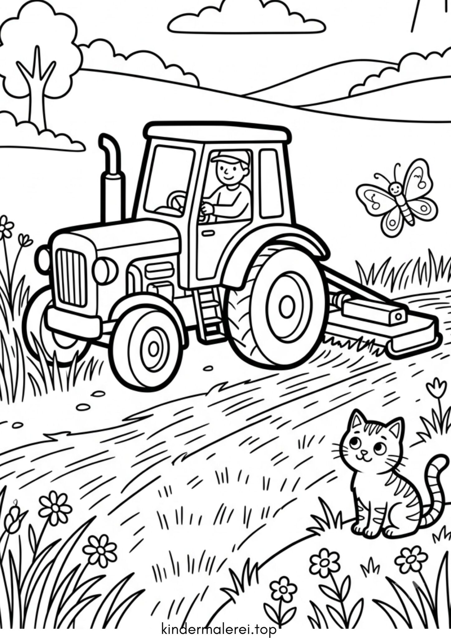 Ausmalbild zum Ausdrucken Traktor mit Mähwerk