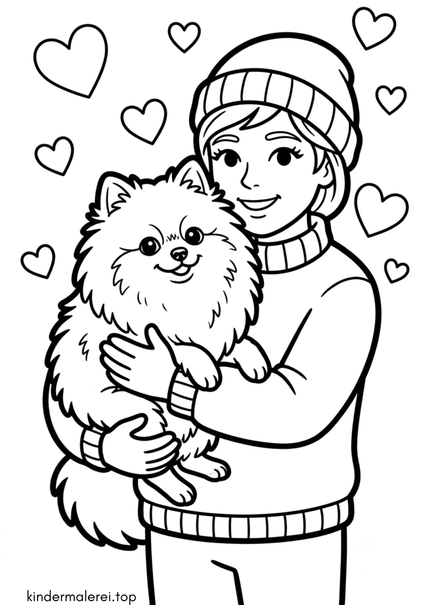 Ausmalbild zum Ausdrucken Zwergspitz auf dem Arm (Pomeranian)